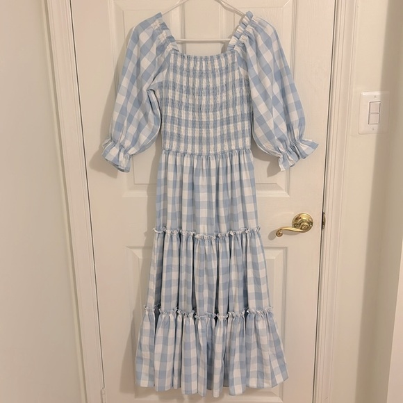 Ivy City Co Mia Blue Cotton Gingham Midi Dress Smocked Puff Sleeve New Size XXS - Picture 9 of 14